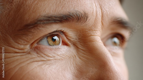 Biometric access for healthcare, Close-up of an elderly person's eye, highlighting detailed skin texture and wrinkles around the eye area.