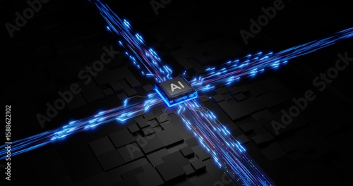Futuristic AI Processor Chip with Glowing Data Flow and Digital Connections