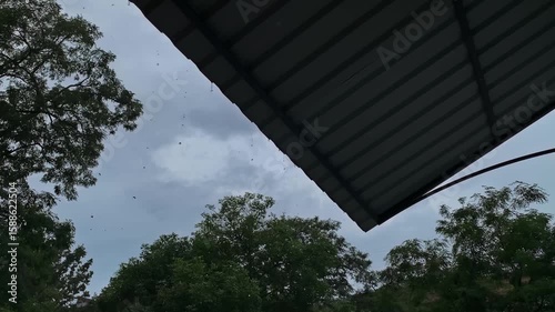 Heavy rain pours down from the roof. Streams of water flow down the porch. Weather for relaxing at home.