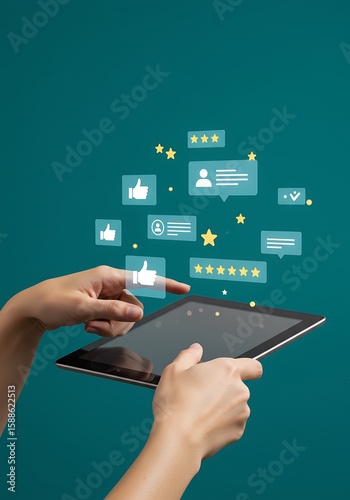 Person interacting with tablet showing customer reviews and rating icons on teal background