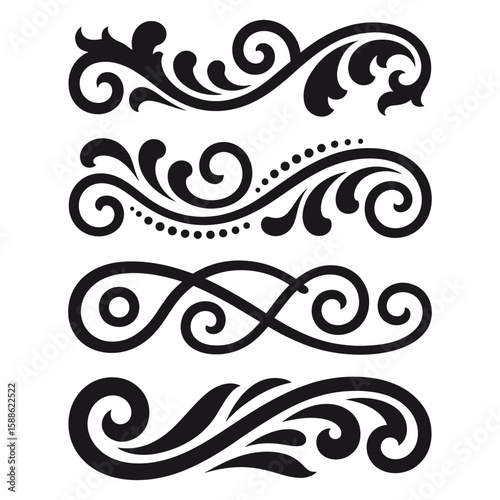 Collection of four elegant black ornamental decorative scrollwork borders with swirls and dots, flourishes dividers, Vintage Filigree ornament stroke scroll design