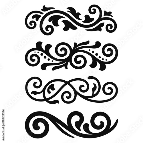 Collection of four elegant black ornamental decorative scrollwork borders with swirls and dots, flourishes dividers, Vintage Filigree ornament stroke scroll design