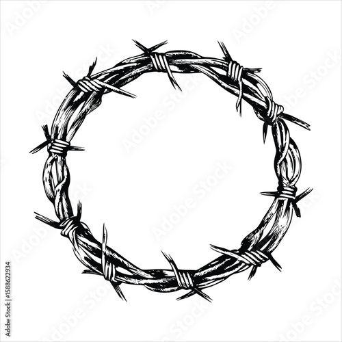 A circular arrangement of barbed wire, intricately woven with sharp thorns, forming a textured ring