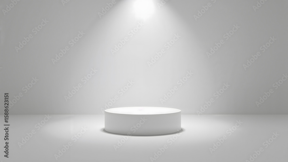 Fototapeta premium Minimal White Cylindrical Platform under Spotlight in Clean Studio Setup