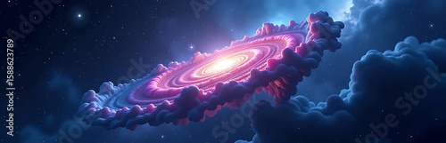 majestic cosmic nebula bursts forth vibrant electric blue rich plum purple tendrils set deep dark space backdrop
