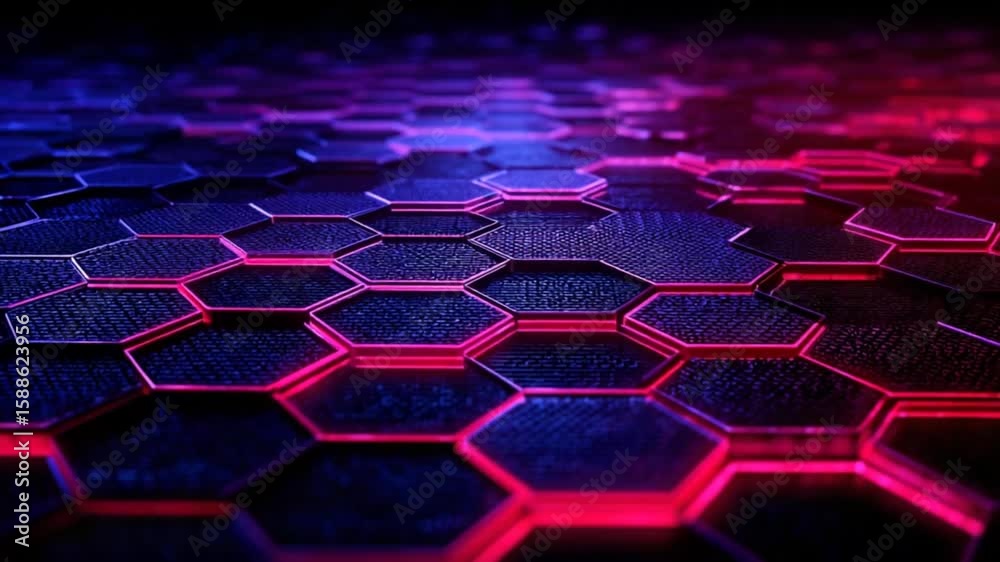 Hexagonal grid with vibrant neon light
