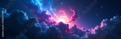 majestic cosmic nebula bursts forth vibrant electric blue rich plum purple tendrils set deep dark space backdrop