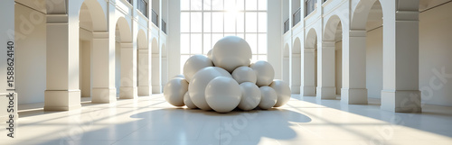 majestic sculpture installation rises polished marble floor grand white hall bathed soft filtered natural light