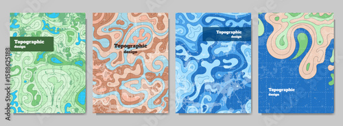 Vector illustration. Topographic cover concept. Set of minimal design banner for print. Design elements for poster, layout, postcard, book or magazine cover. Old fashion style. Line art pattern