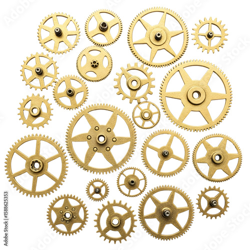 Golden gears arrangement showcases mechanical precision on a transparent background