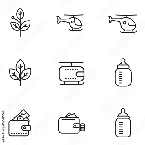 Collection of simple line icons featuring nature, transportation, money, and baby essentials