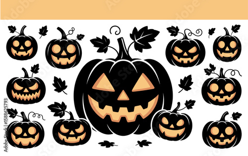 A Spooky Collection of Carved Halloween Pumpkins for Festive Decorations and Holiday Celebrations Embodying the Spirit of the Season with their Illuminated Jack-o'-Lantern Faces