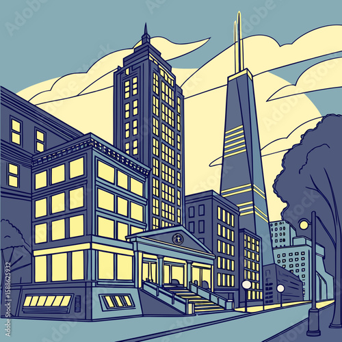 Illustration of a city street with tall buildings, trees, and streetlights under a cloudy sky design