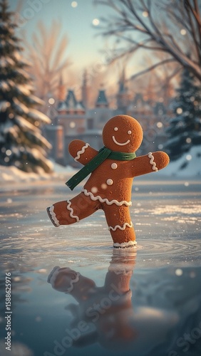 Gingerbread man skating on ice with trees and buildings in background on a winter day scene outdoors