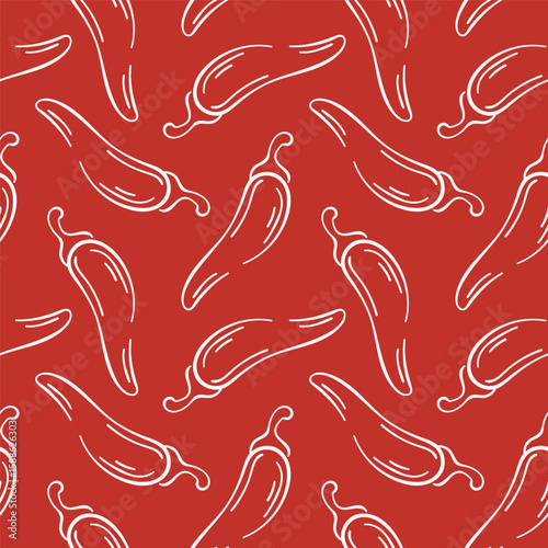 Seamless pattern of red chili pepper in line art style on red background. Perfect for spice package, kitchen wallpaper and culinary book.