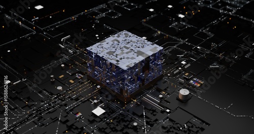 Futuristic AI Processor Core on a Dark Circuit Board with Data Flow