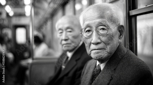 Intimate Portrait of Elderly Gentlemen on a Tokyo Commute in Monochrome