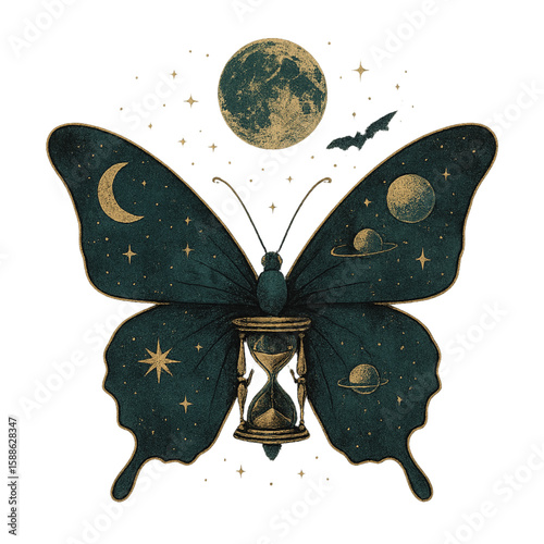 Mystical Butterfly with Moon, Hourglass, and Cosmic Elements – PNG for T-Shirt Design