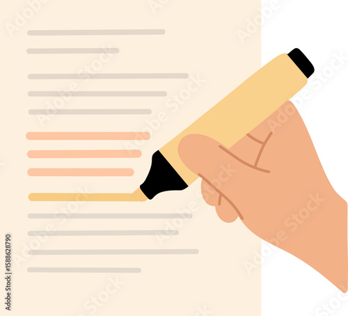Highlighter on Text Page.A hand highlighting key text on a page, bold pastel vector with clean style.