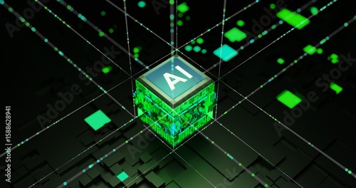 AI Cube with Digital Network Connections - Artificial Intelligence and Machine Learning Concept