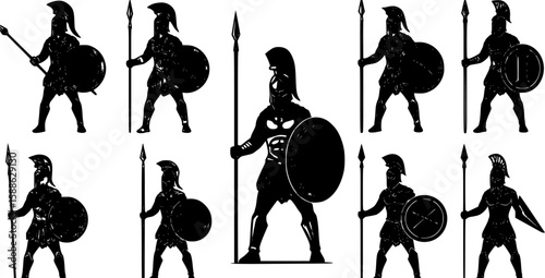 vector set of Spartan warrior with spear and shield icon on white background.
