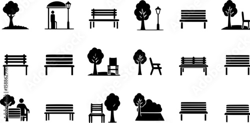 vector set of Park Icon Set. garden park minimalist with chair and tree, Open space black glyph icon. Public park with bench to sit. forest and bench vector icons
