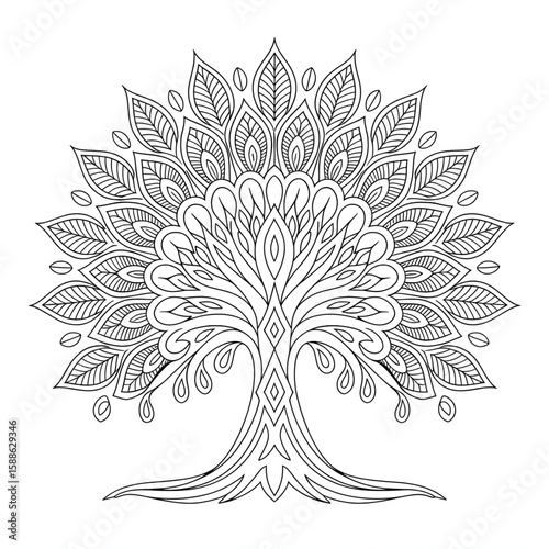 A black and white mandala tree illustration line art of a coloring page