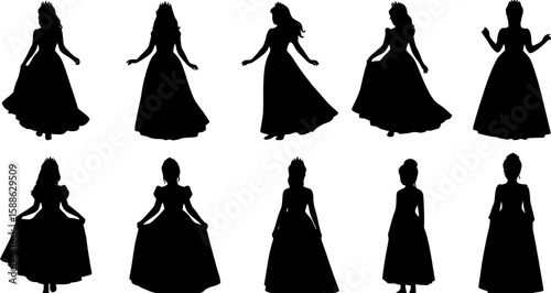 Silhouette of young princess. Clipart image isolated on background.

