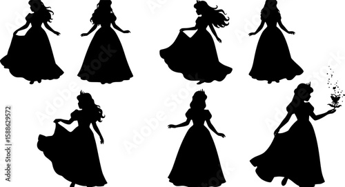 Silhouette of young princess. Clipart image isolated on background.
