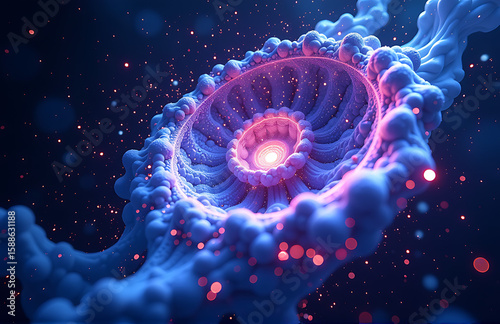 kaleidoscopic vortex iridescent glowing particles swirls wildly dark cosmic background radiating intense blue purple hues