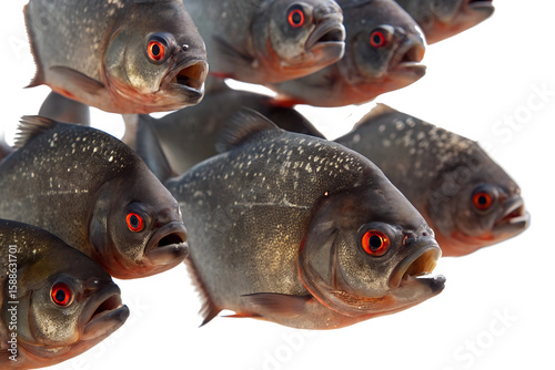 A group of eight piranhas with sharp teeth and red eyes. They have a grayish body with a silver sheen and are depicted against a transparent background.