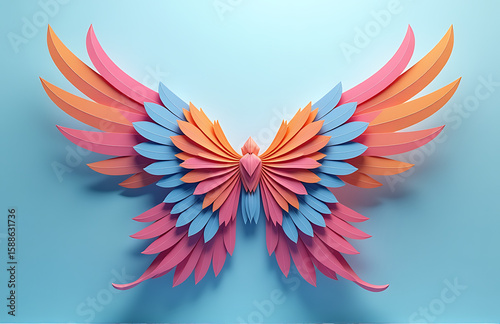 kaleidoscopic burst vibrant shapes resembling wings unfurls across soft light blue background radiating center dynamic