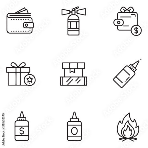 Simple black and white icon set featuring wallet fire extinguisher gift and fire symbols