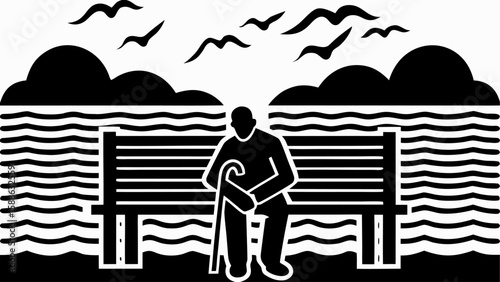Silhouette of elderly man sitting on a bench by the water with birds and clouds in the background art