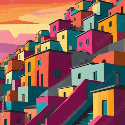 A vibrant, geometric cityscape of colorful houses stacked along a winding staircase under a glowing sunset. Artistic urban architecture in bold hues—modern, playful, and full of visual rhythm.