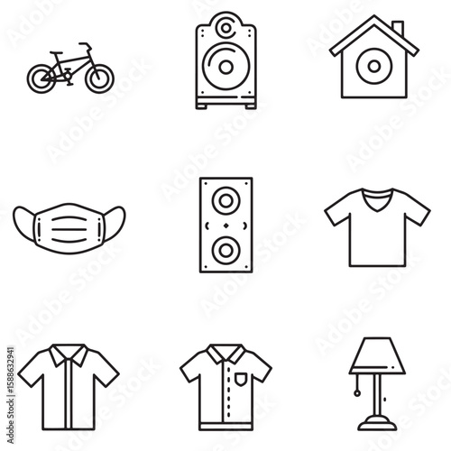 Simple line art vector illustration featuring everyday objects and icons in black and white