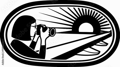 Woman with glasses taking a photo of the sun rising over a road in an oval frame in black and white style silhouette