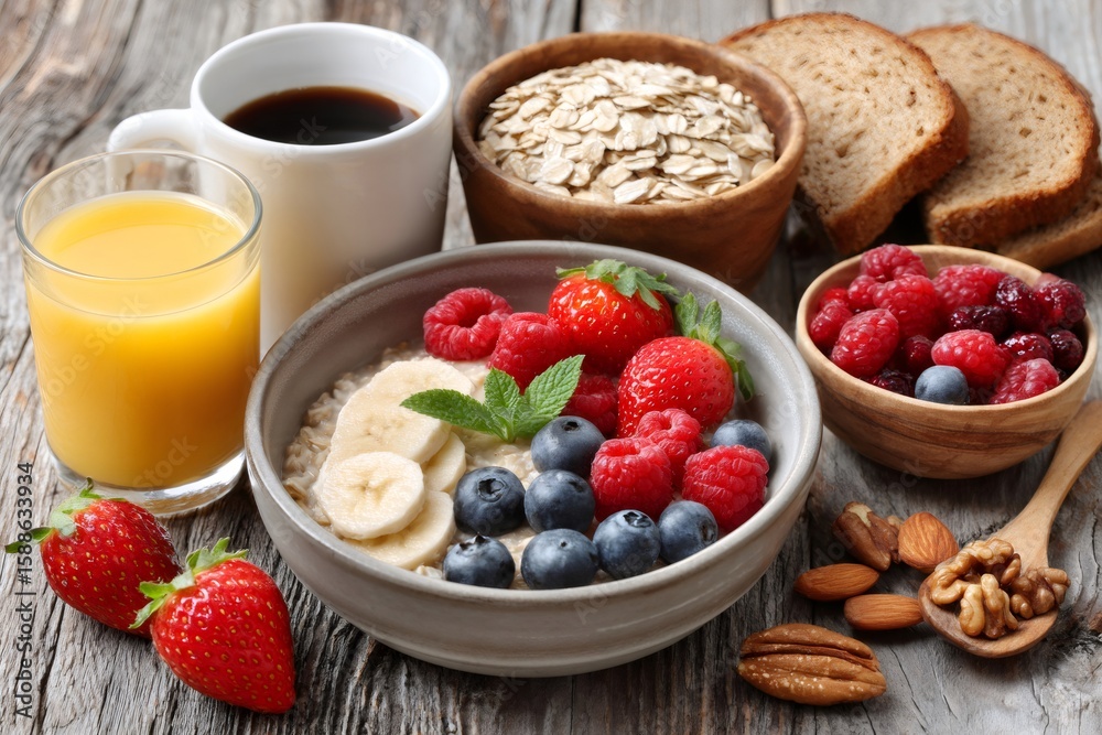 Healthy breakfast with oatmeal, berries, fruits, nuts and coffee on wooden table Healthy breakfast with oatmeal, berries, fruits, nuts and coffee on wooden table