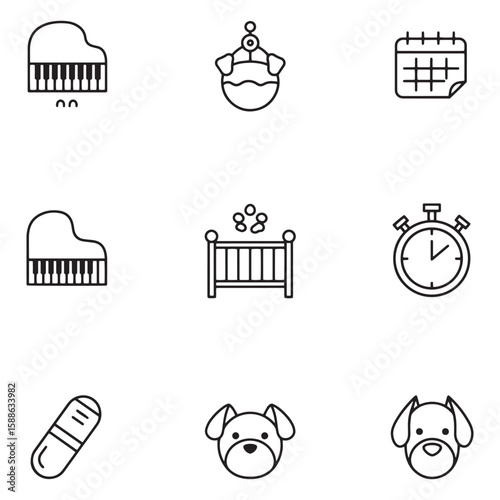 Simple outline icon set of miscellaneous items related to life and hobbies