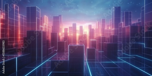 vibrant futuristic city skyline background with glowing neon lines and a sunrise glow is perfect for technology blogs, digital art websites, or gaming promotions