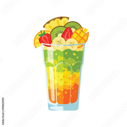 Colorful layered fruit smoothie in a tall glass, garnished with fresh fruit slices.