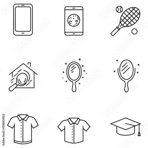 Simple vector icon set of everyday objects including smartphones sports and graduation