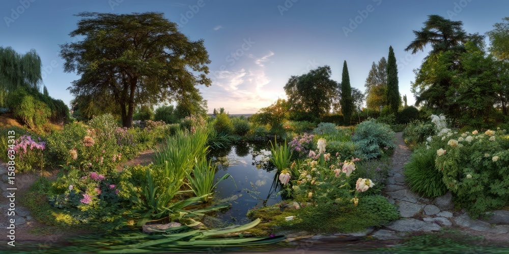 Fototapeta premium Panoramic 360 degrees hdr nature garden scenic landscape serene environment hdri view