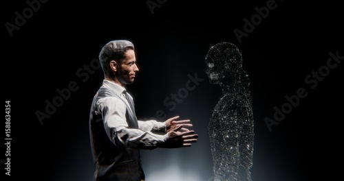 Man Interacting with Digital AI Humanoid on Dark Background