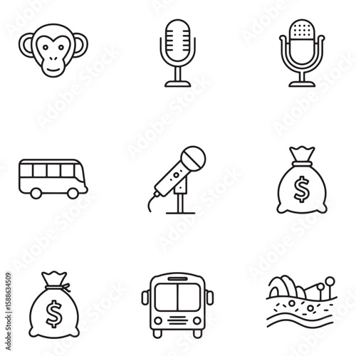 Vector icons depicting monkey microphone transportation and money bag on white background