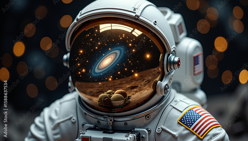 Fototapeta premium Astronaut in helmet reflecting galaxy and planets in outer space 