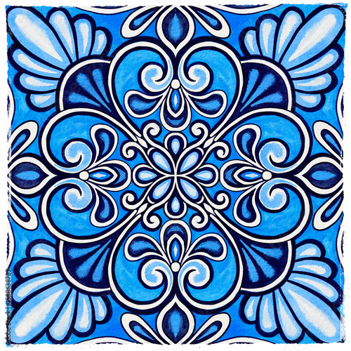 Blue Azulejo Watercolor Tile Square Floral Ornament, Vintage Mediterranean Isolated Illustration with Edged Border