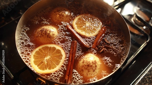 Fototapeta Naklejka Na Ścianę i Meble -  Apples simmering in spiced citrus liquid