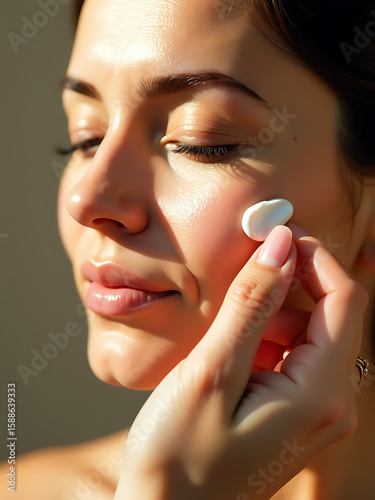 gentle hand tenderly smoothes rich cream onto warm golden cheekbone serene woman soft diffused morning light delicate