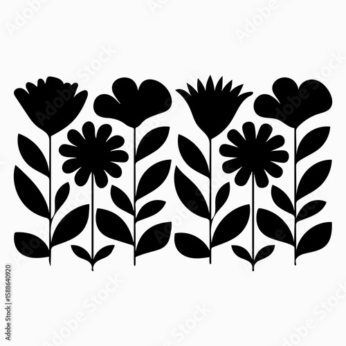 Black Silhouette Floral Pattern Featuring Stylized Flowers and Leaves in Minimal Decorative Design

